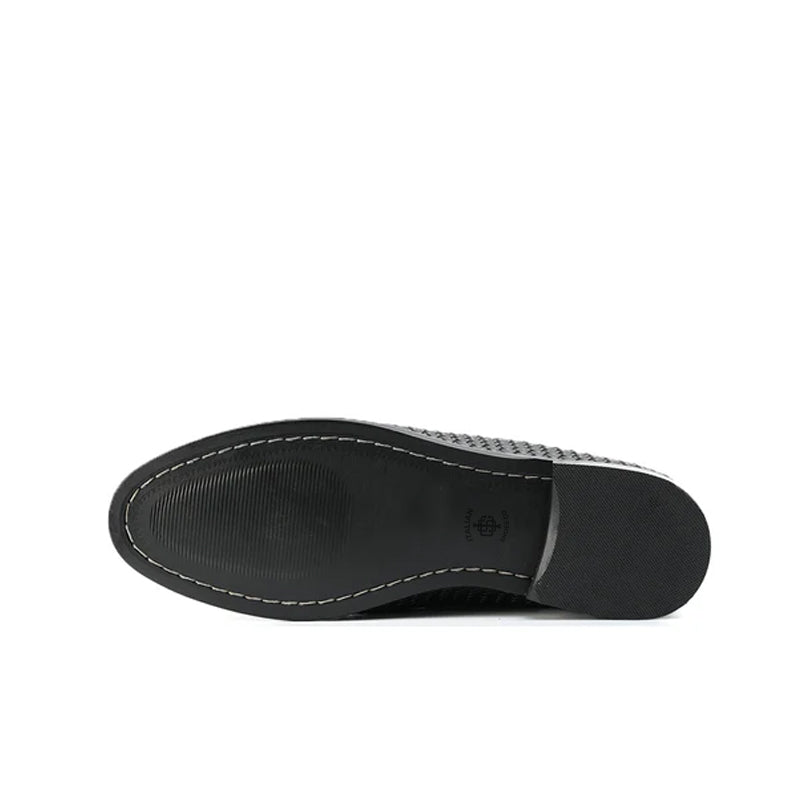 Woven Slip On Leather Black Loafer For Men