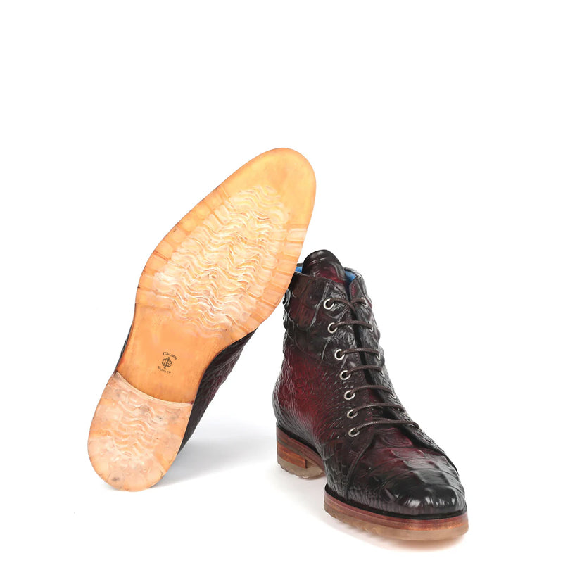 Hand-Painted Croco Print Leather Lace-Up Boot Burgundy