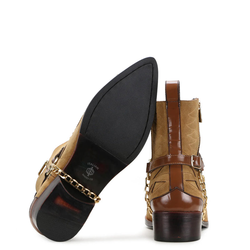 Luxury Stylish Leather Side-Zipper Tan Boot With Chain