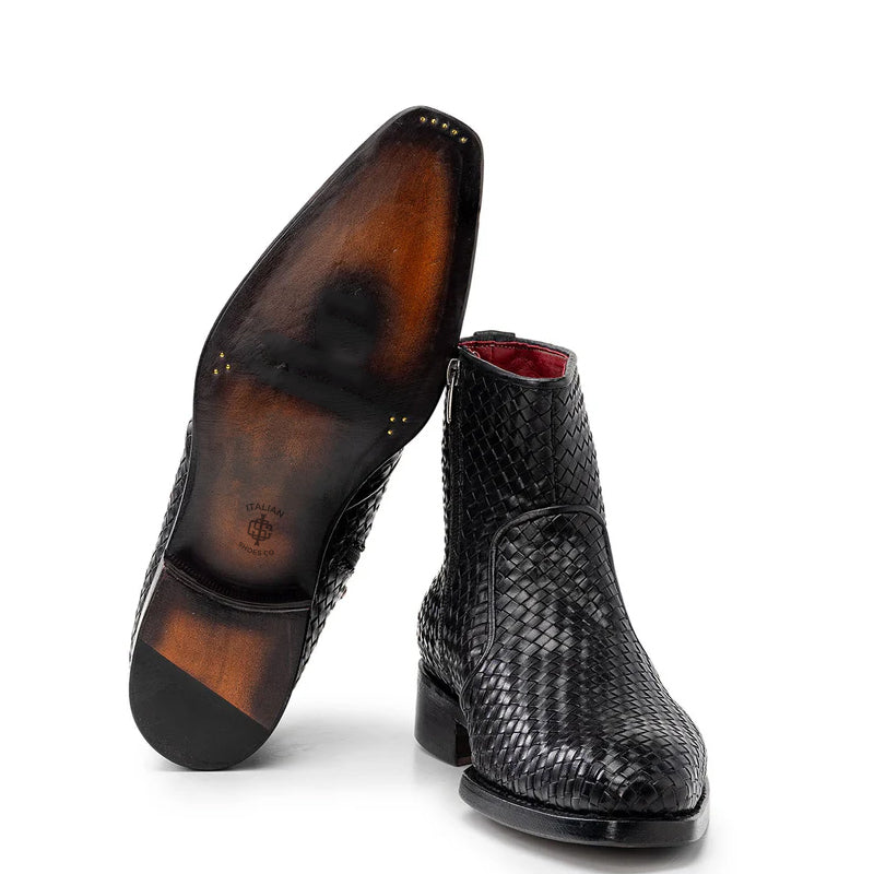 Luxury Stylish Woven Leather Side Zipper Boot Black