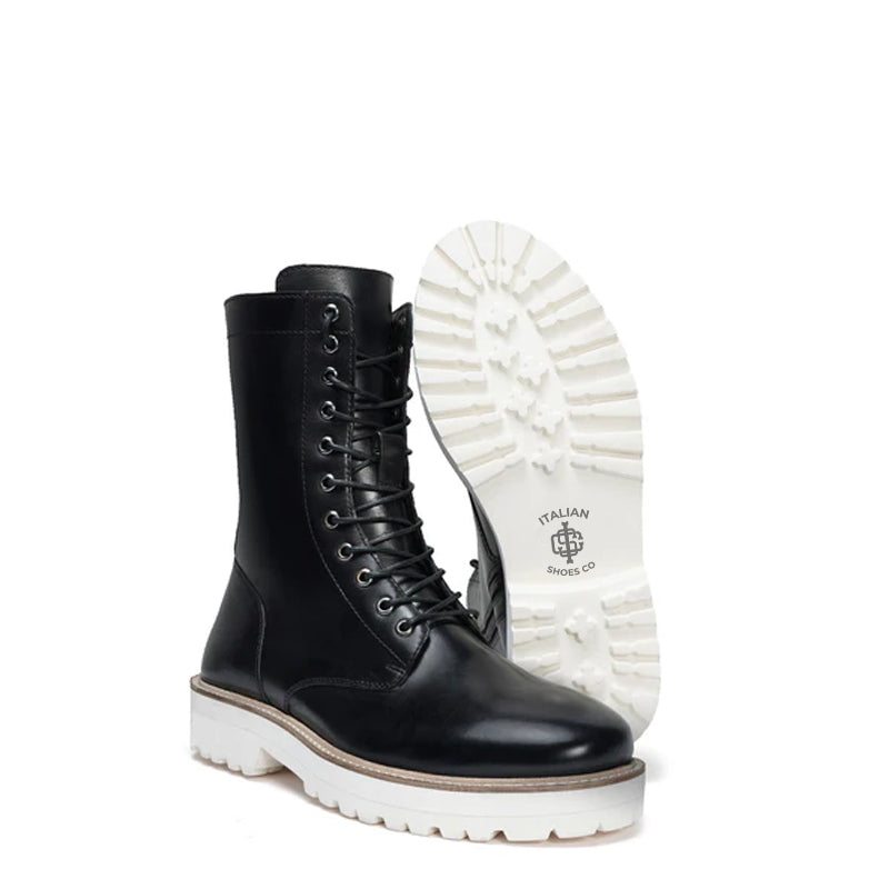 Men Chunky High Leather Ankle Black Boot