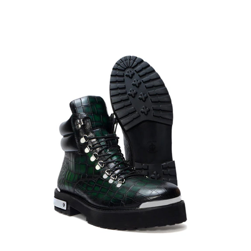 Croco Deep Cut Leather Lace-UP Ankle Boot Black