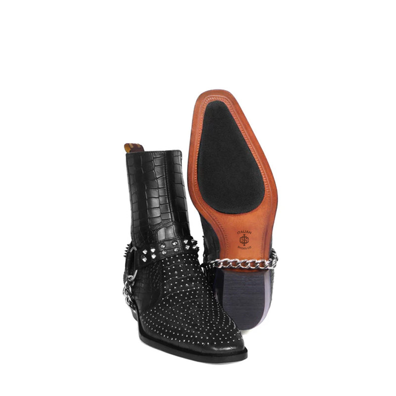 Croco With Silver Studded Buckle Side Zipper Chain Boots