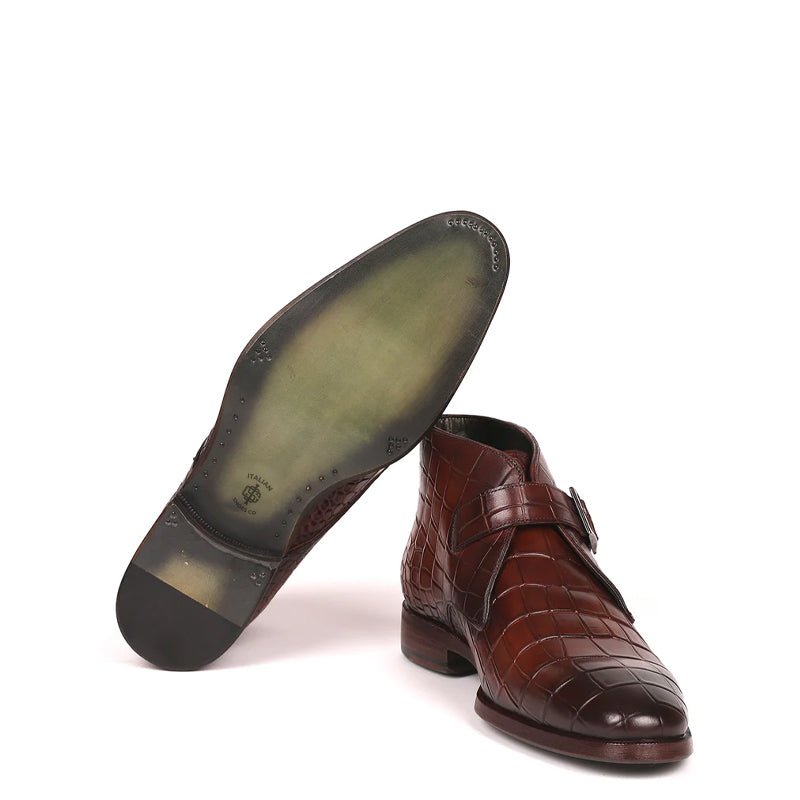 Single Monk Straps Croco Print Leather Ankle Boot Brown