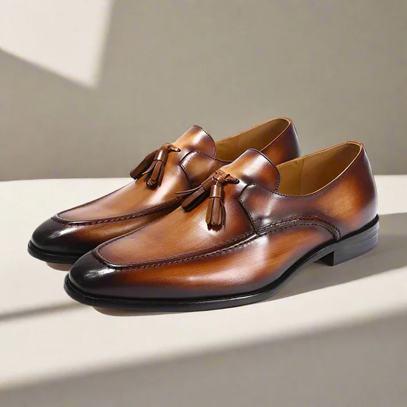 Cognac Leather Tassel Slip-On Shoes