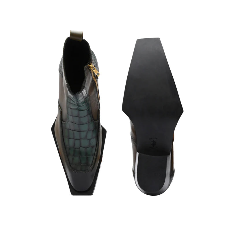 Luxury Croco Textured Leather Side Zipper Boot Green and Brown