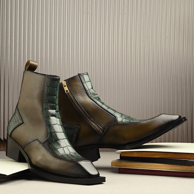 Luxury Croco Textured Leather Side Zipper Boot Green and Brown