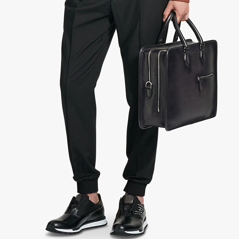 Grained Leather Black Satchel Bag