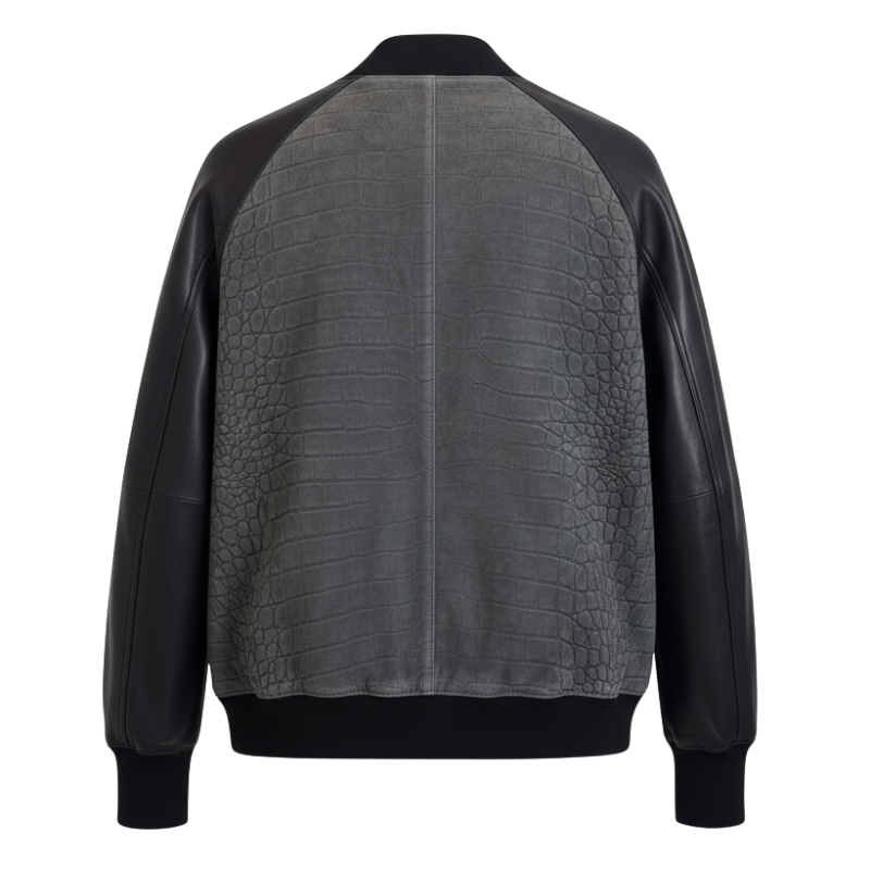 Croc-Textured Leather Bomber Jacket
