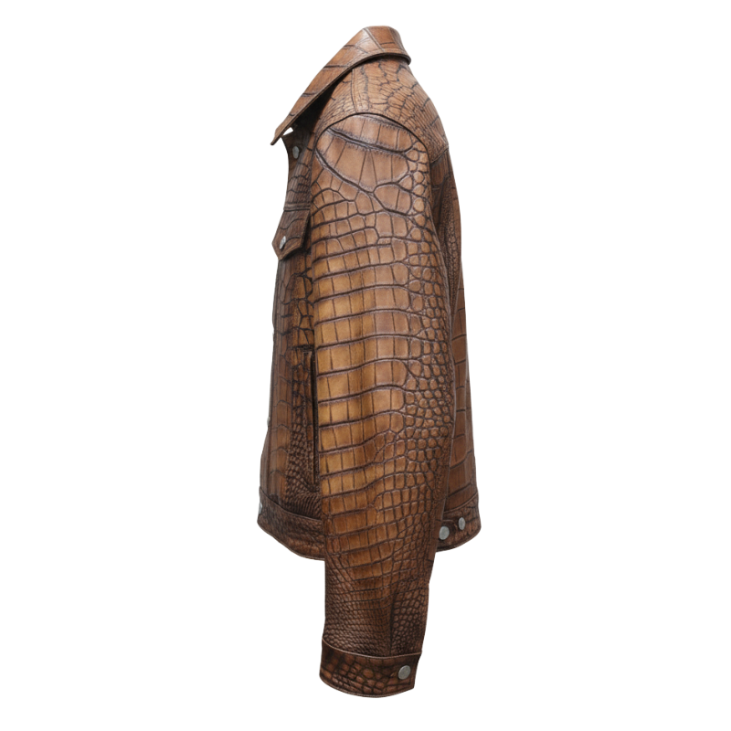 Cognac Croc-Embossed Leather Jacket