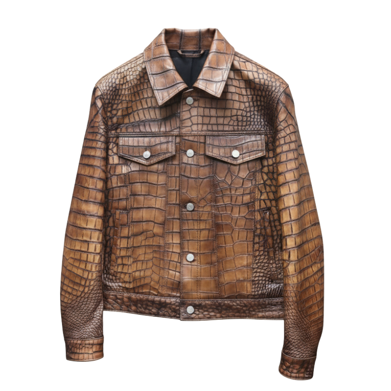 Cognac Croc-Embossed Leather Jacket