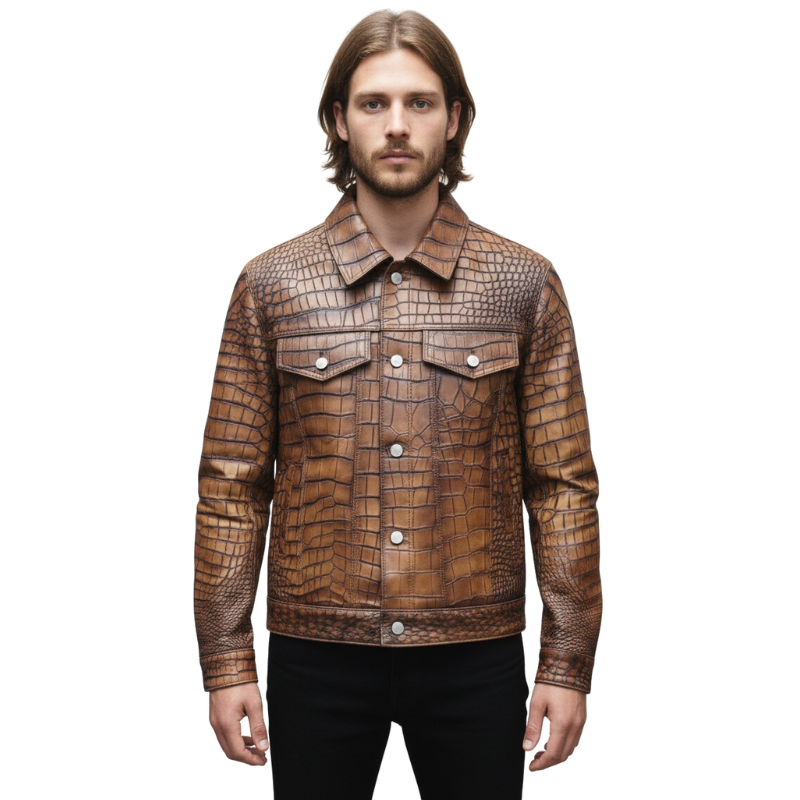 Cognac Croc-Embossed Leather Jacket