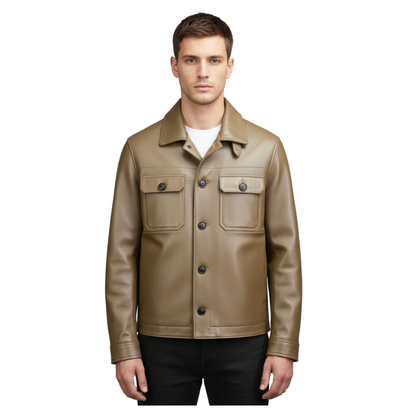 Men s Luxury Caramel Leather Shirt Jacket