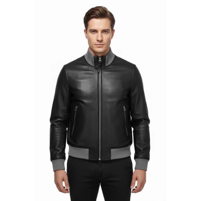 High Neck Luxury Leather Bomber Jacket
