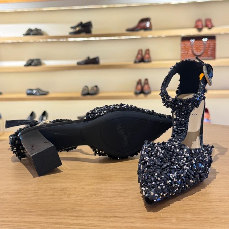 Midnight Sparkle T Strap Block Heels