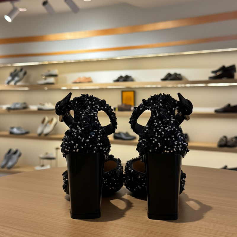 Midnight Sparkle T Strap Block Heels