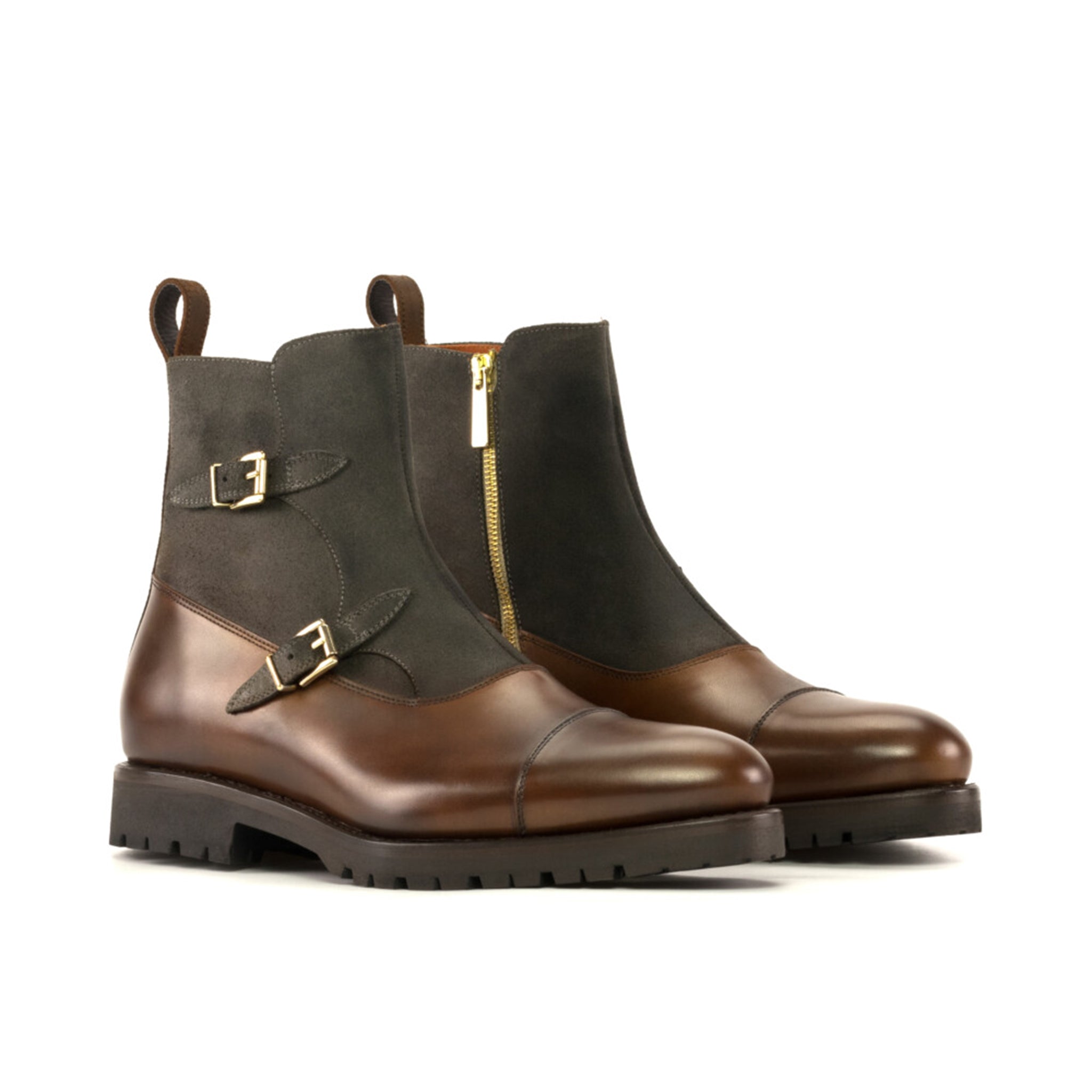 Leather & Waxed Suede Double-Monk Boots