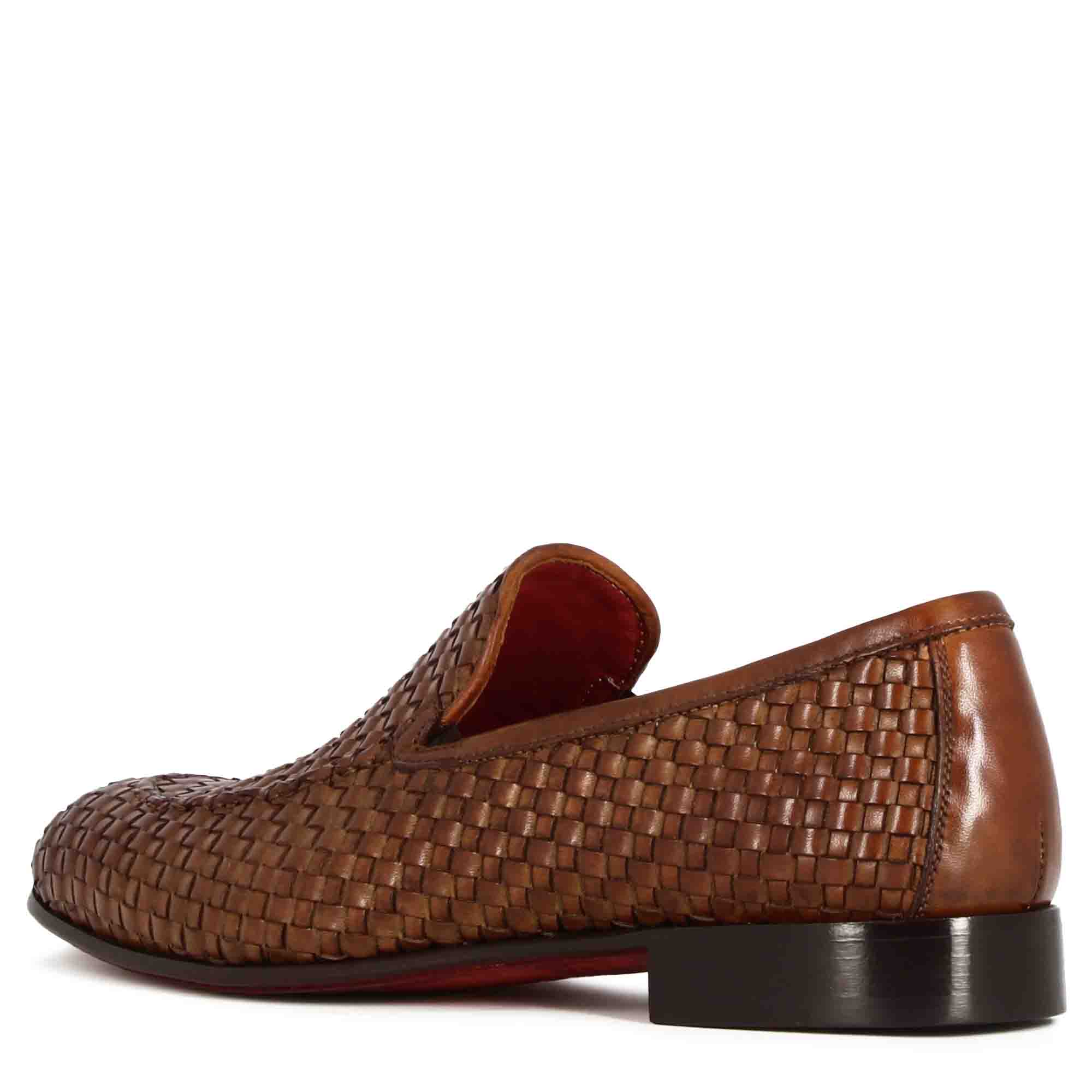 Light Brown Woven Leather Loafers