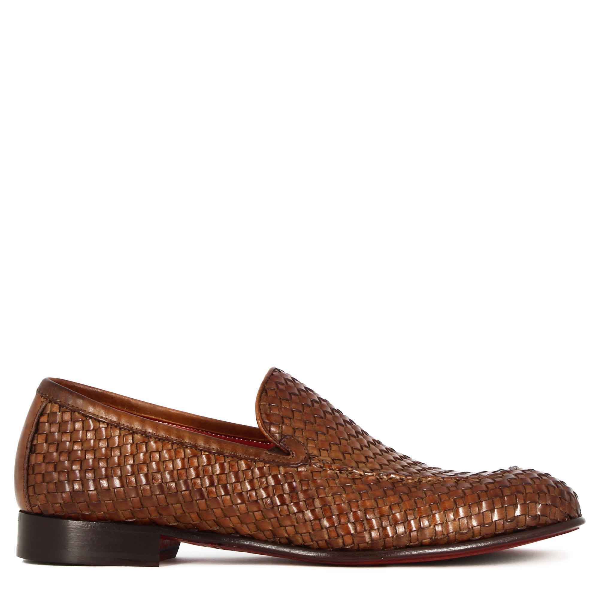 Light Brown Woven Leather Loafers