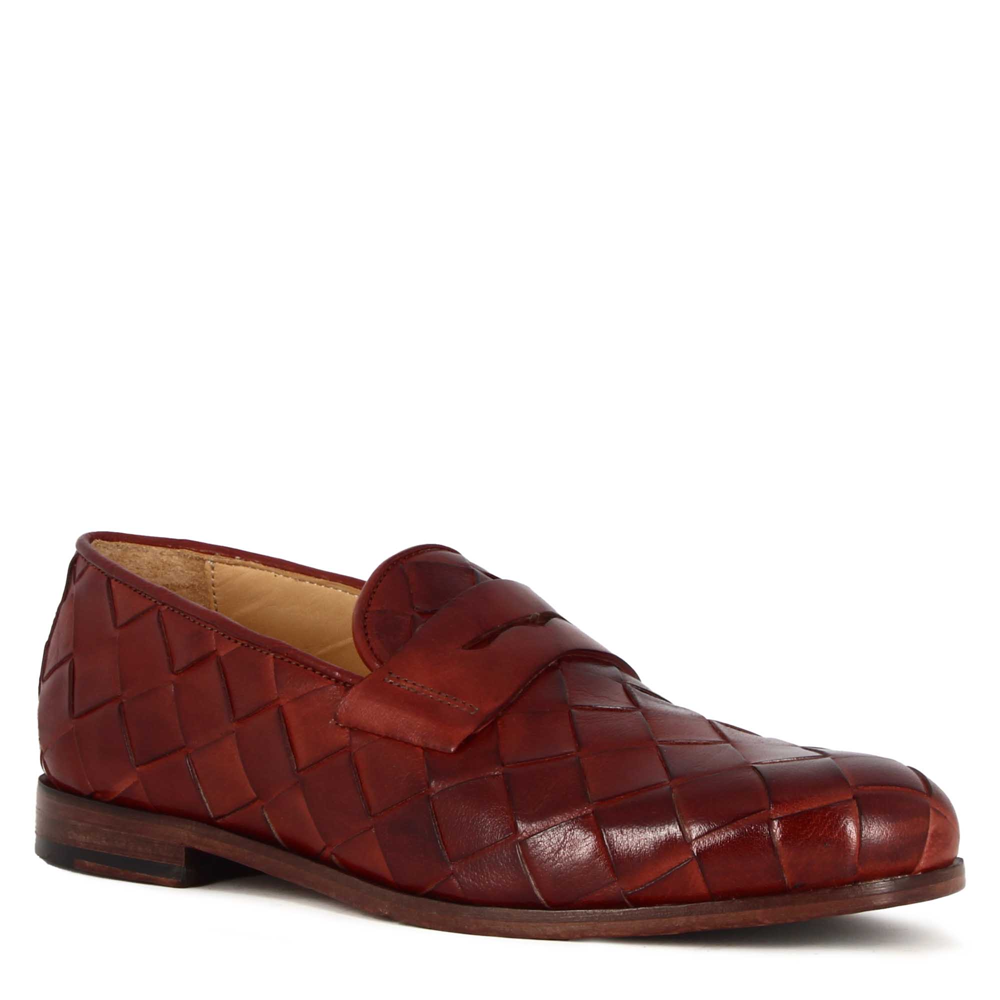 Red woven leather men's moccasin