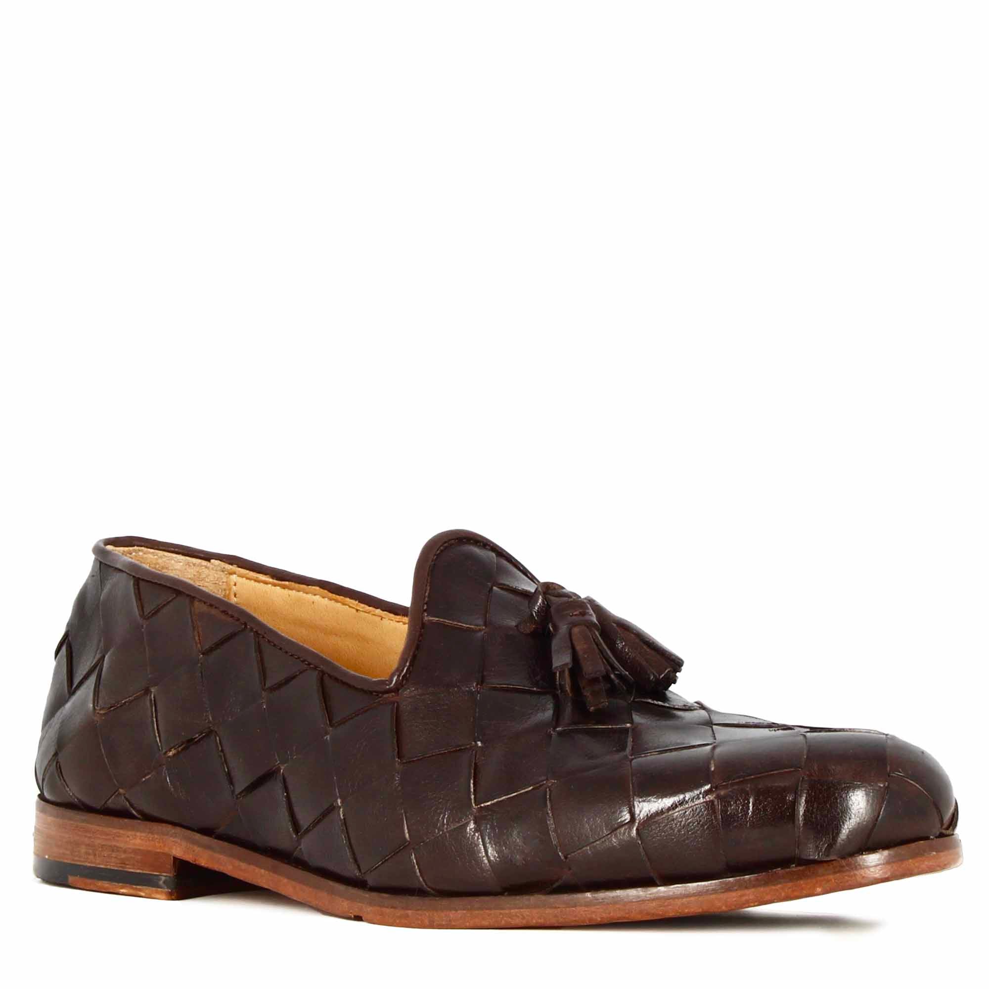 Dark Brown Woven Leather Loafers