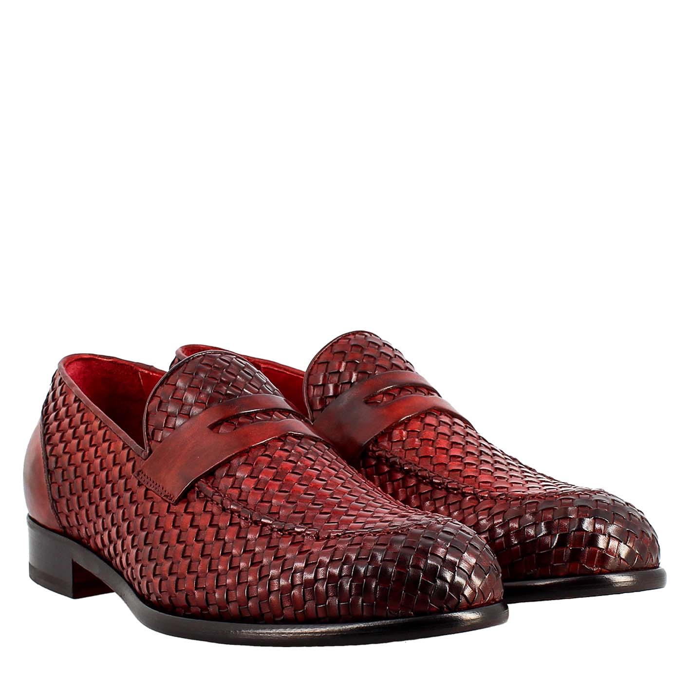 Red moccasin woven full grain leather