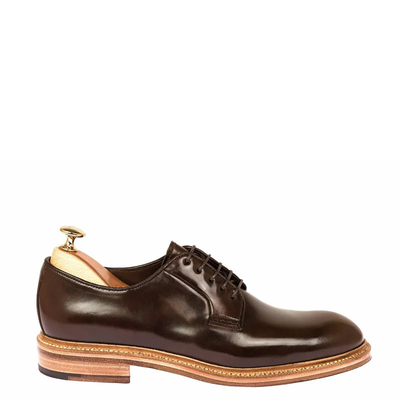 Plain Toe Polished Shiny Leather Derby Shoe Brown