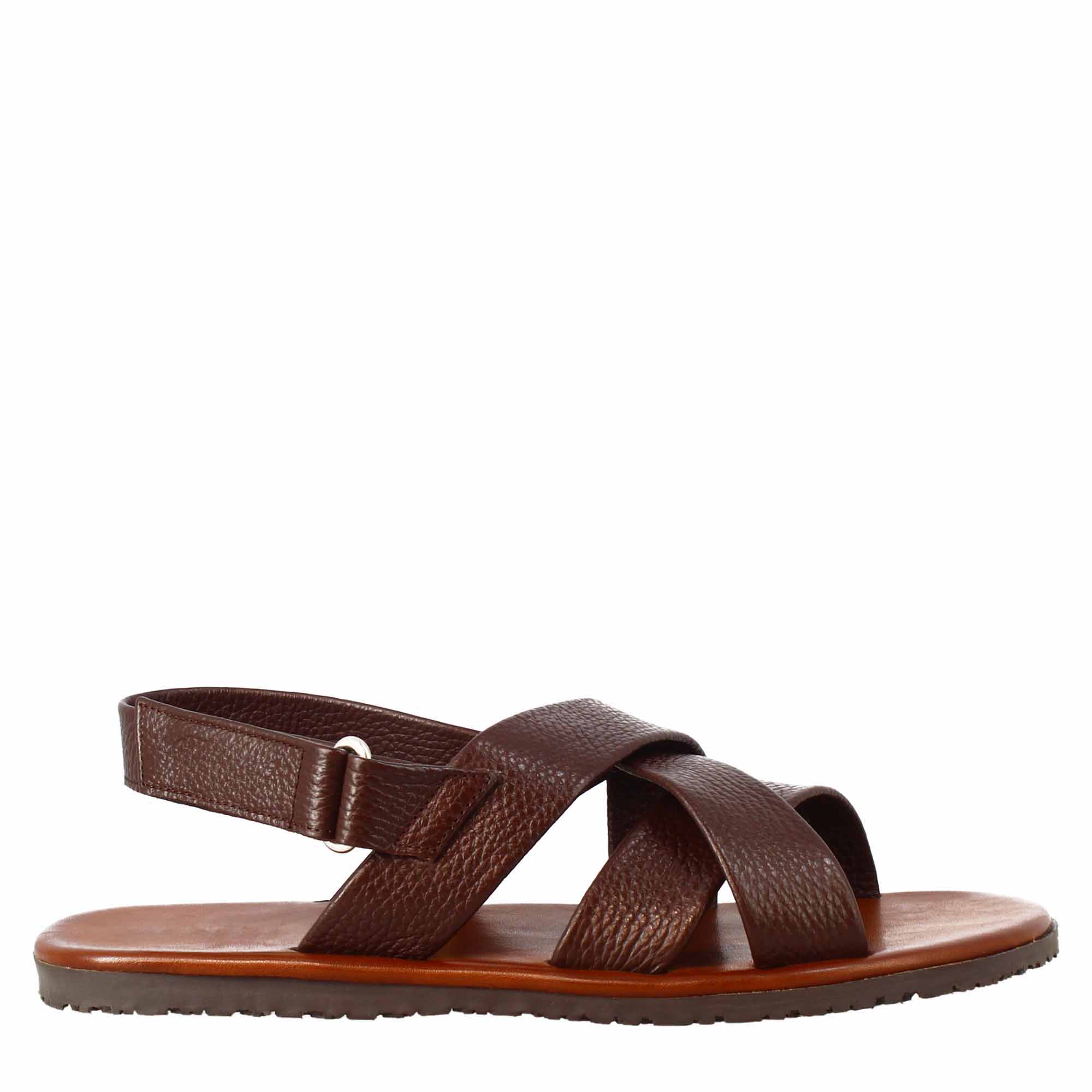 Men's sandals in Brown leather with velcro closure