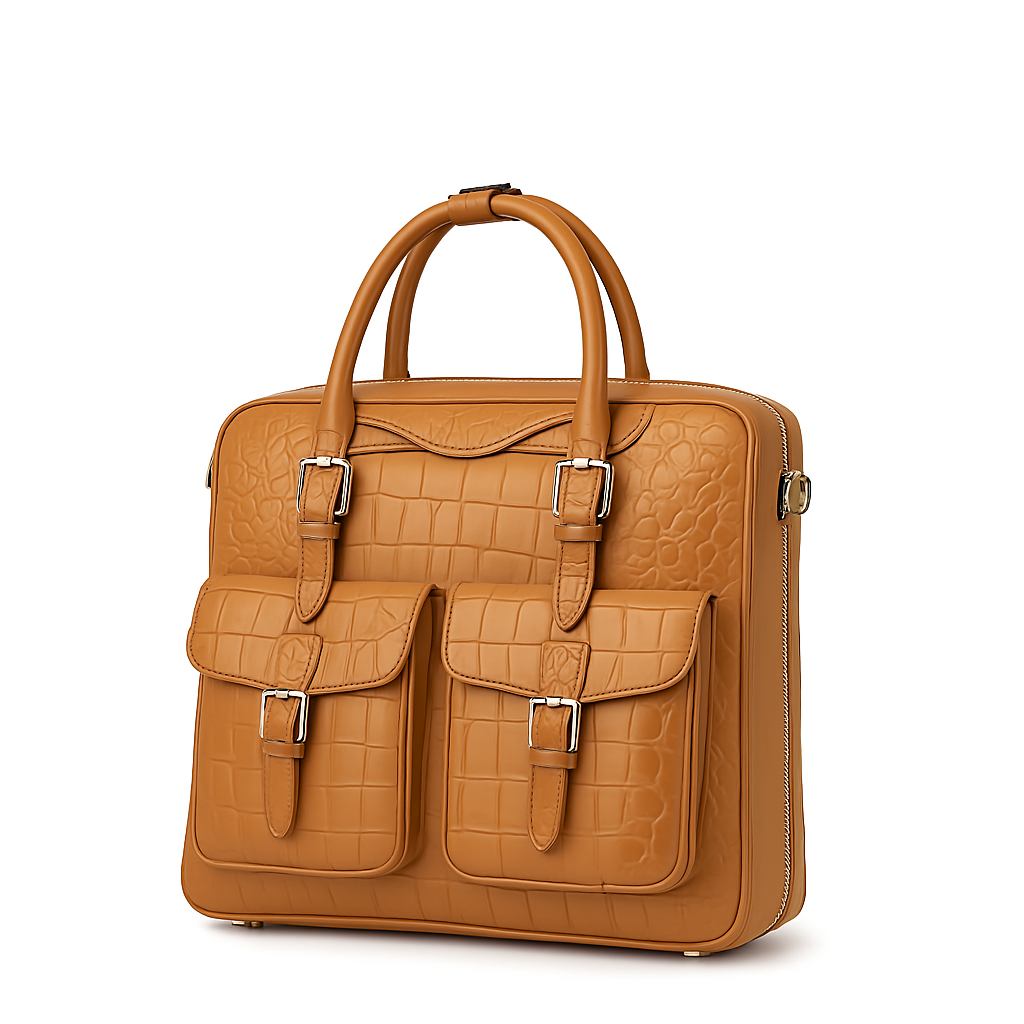 Italian Croco Leather Front Pocket Tan Briefcase Bag