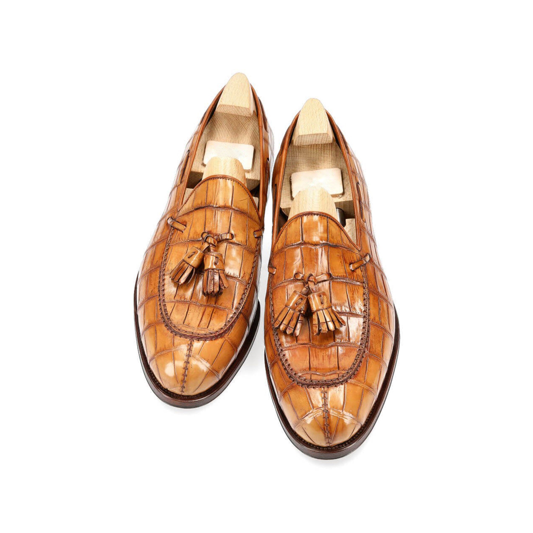 Tan Alligator Tassel Loafers