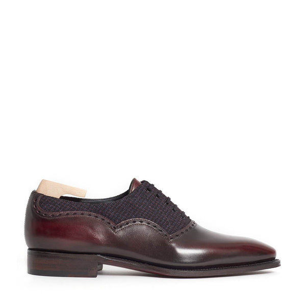 LIE DE VIN CALF LEATHER AND DORMEUIL FABRIC