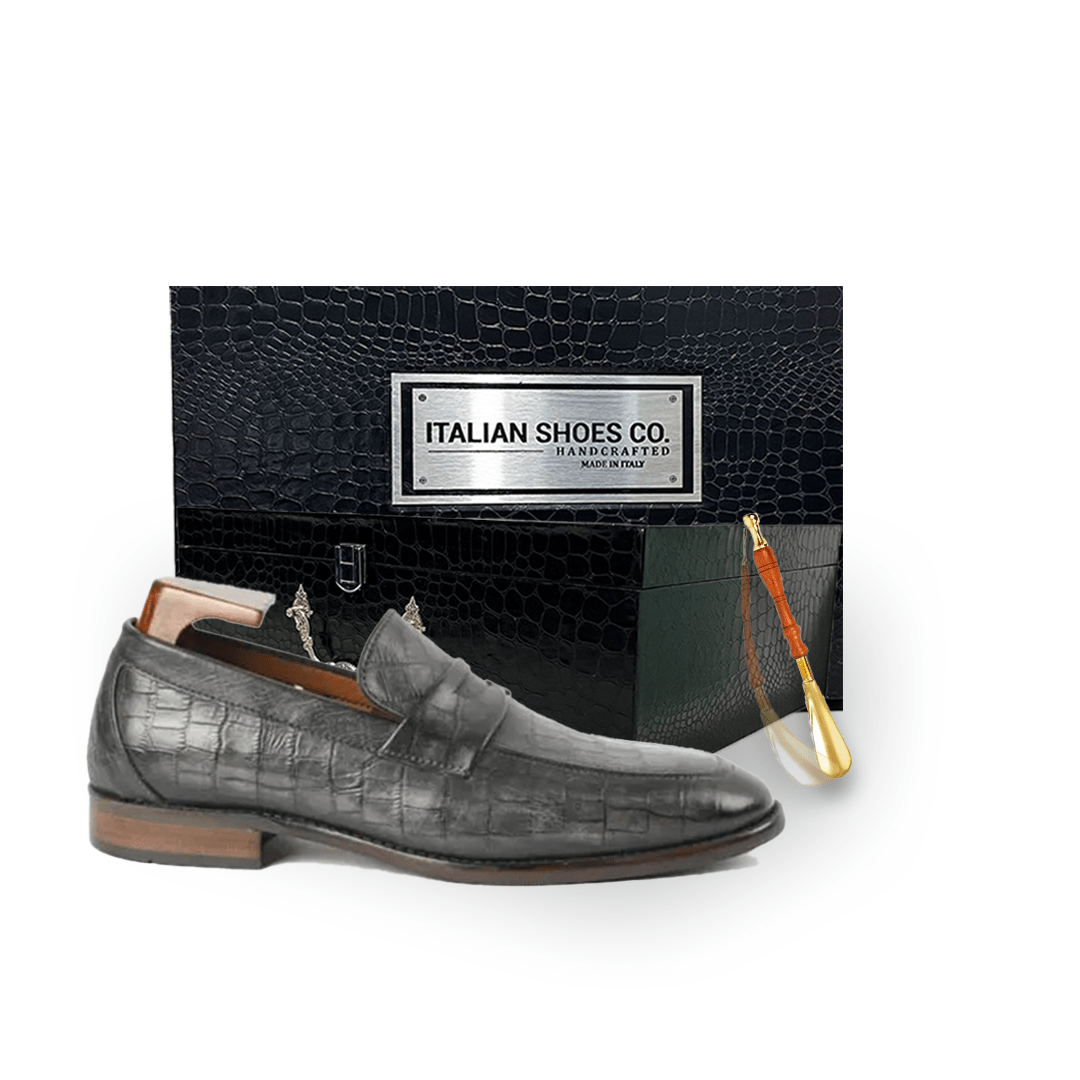 Embossed Grey Leather Penny Loafer