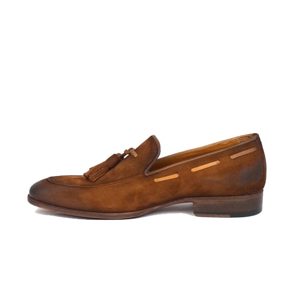 Suede Tassel Loafer in Tan Hand Colored Leather