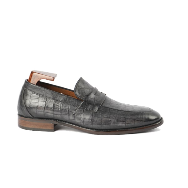 Embossed Grey Leather Penny Loafer
