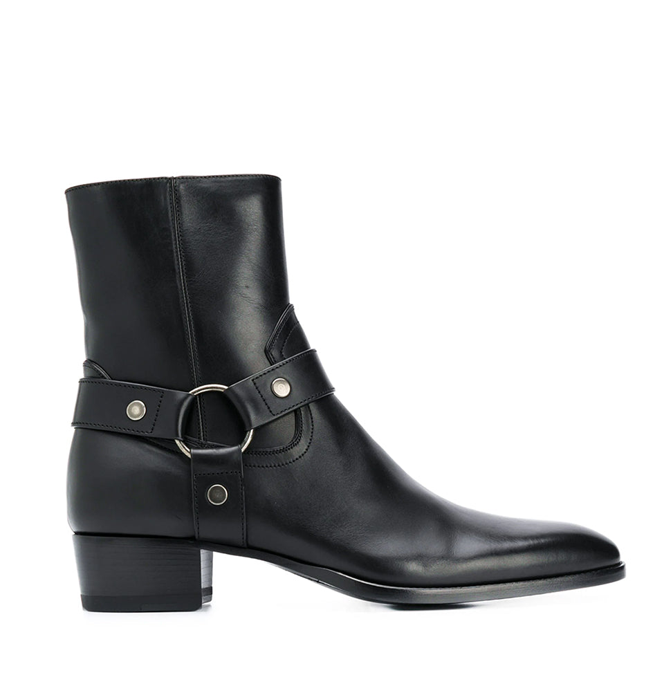 Black Leather Side Buckle  Ankle boots