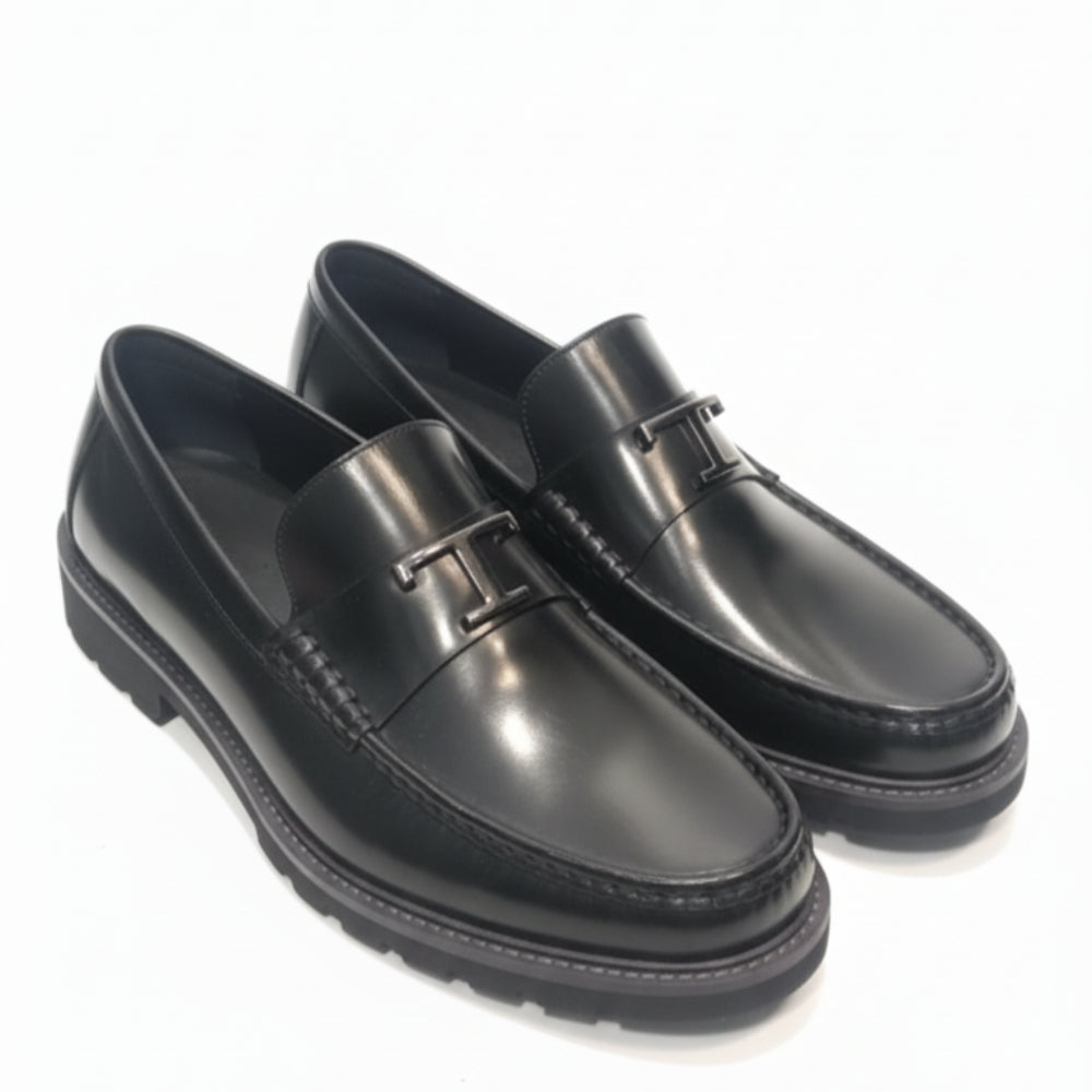 Pure Solid Leather Buckled Timeless Loafers