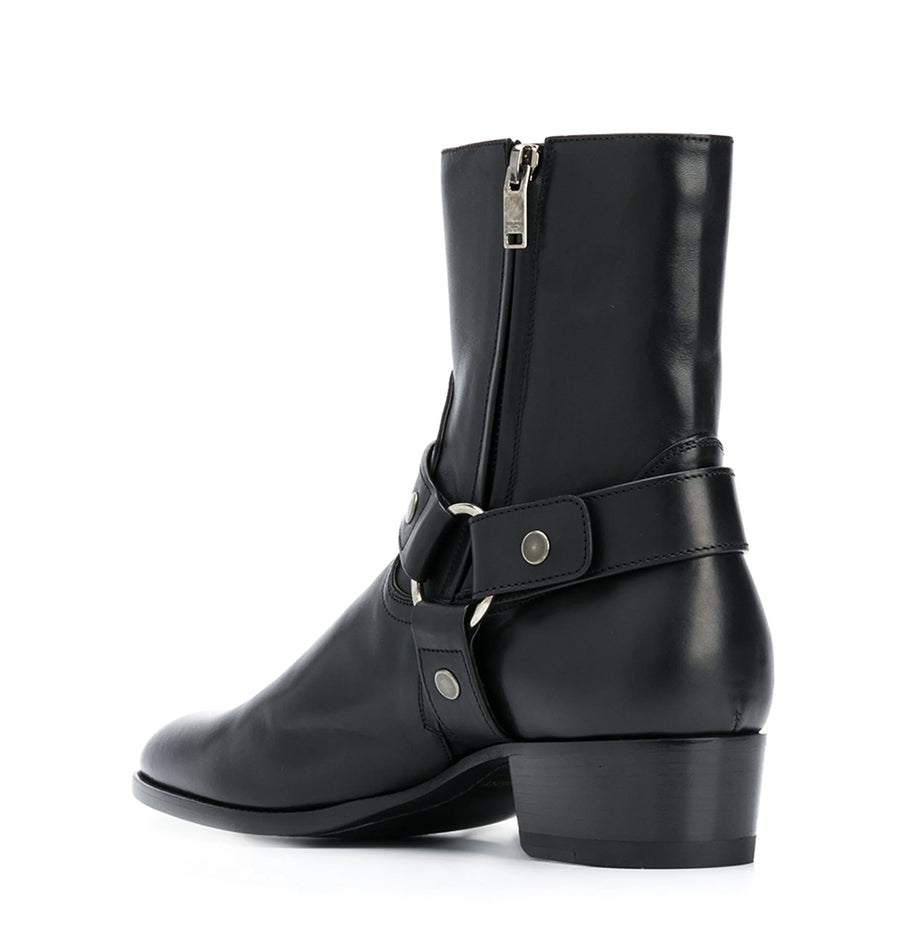 Black Leather Side Buckle  Ankle boots