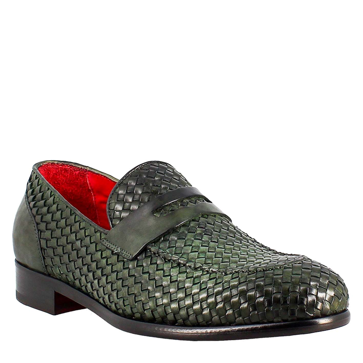 Green Moccasin in Woven Grain Leather