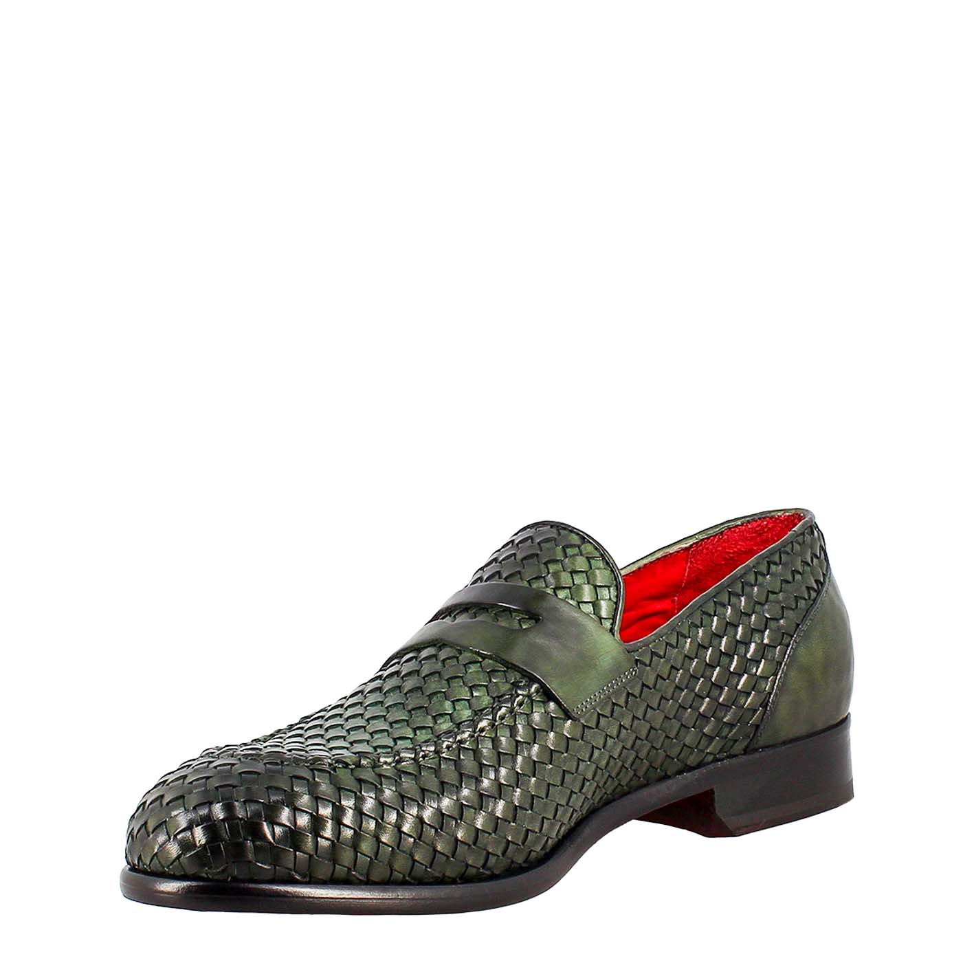 Green Moccasin in Woven Grain Leather