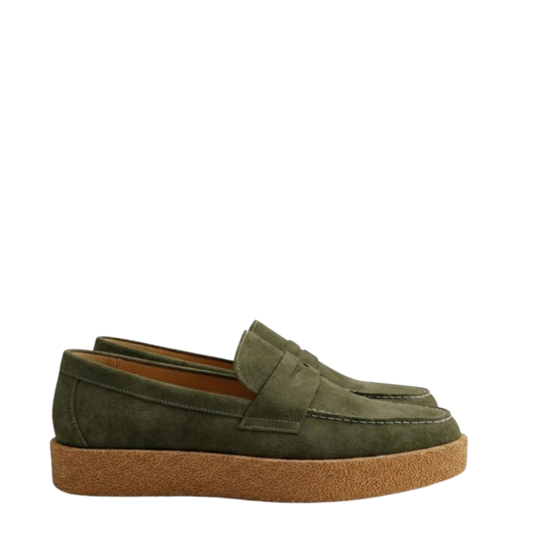Rustic Crepe Sole Penny Loafers - Olive