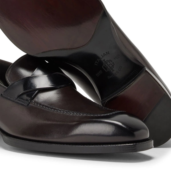 twist detail burnished leather loafers