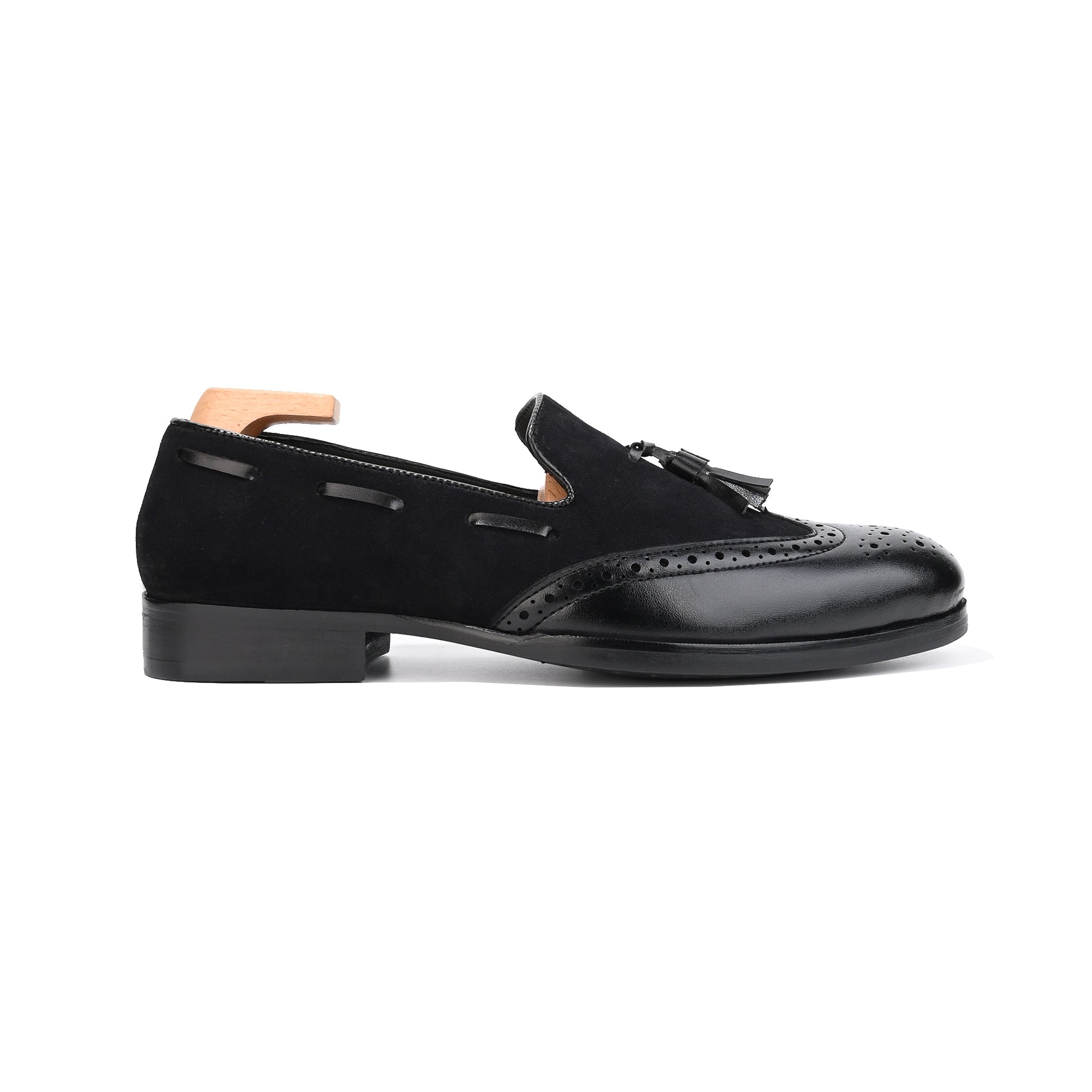 Royale Black Leather Suede Tassel Loafers