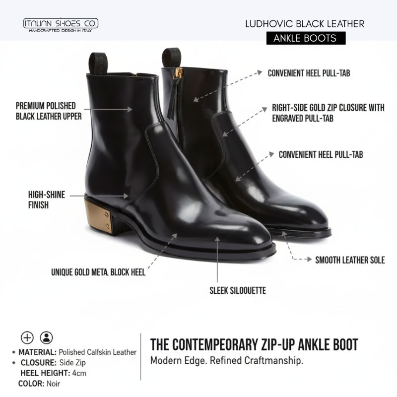 Ludhovic Black Leather Ankle Boots