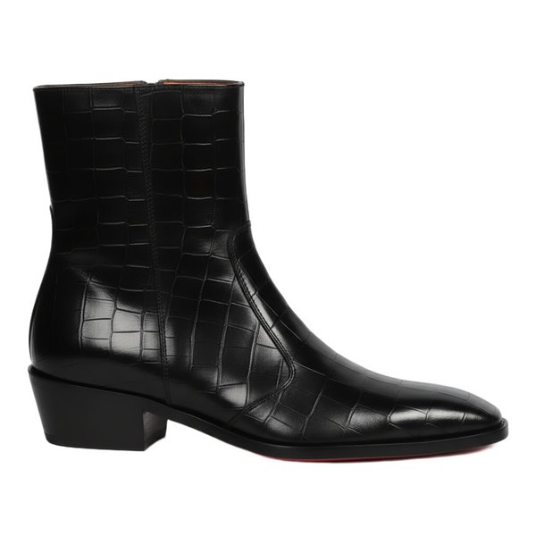 Cuban Heel Chelsea Boots Deep Cut Leather with Zip Closure - Black