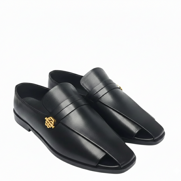 Italian luxe Golden Emblem Open Toe Loafers