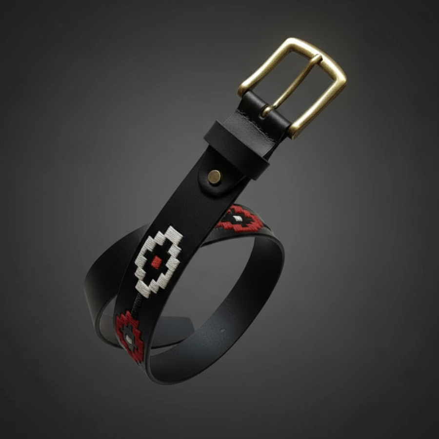 Aztec Noir Embroidered Leather Belt