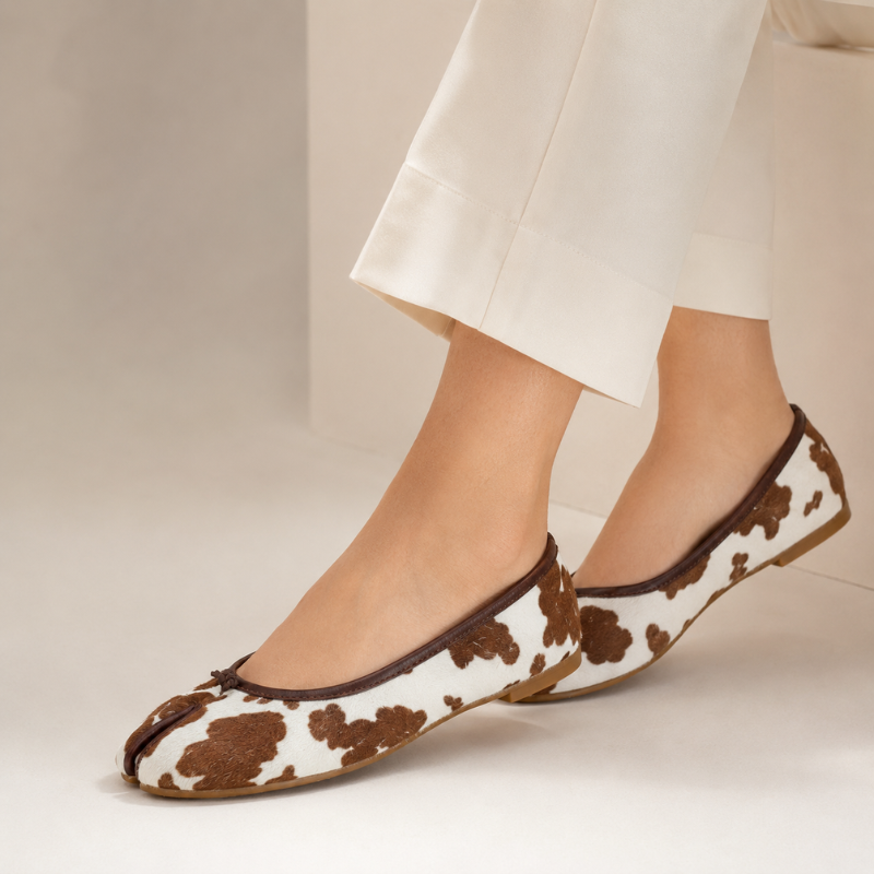 Adore Cow Print Tabi Ballet Flats