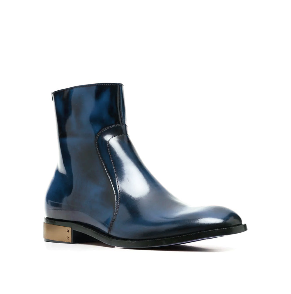 Blue Waxed Leather Ankle Boots