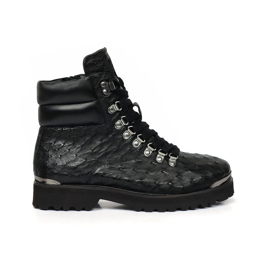 BLACK BIKER BOOTS IN OSTRICH LEATHER