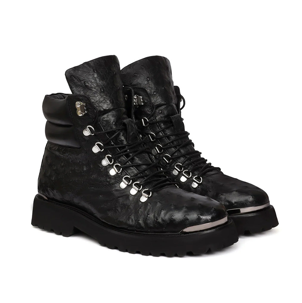 BLACK BIKER BOOTS IN OSTRICH LEATHER